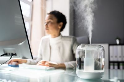 Mujer trabajando con un humidificador en la habitación